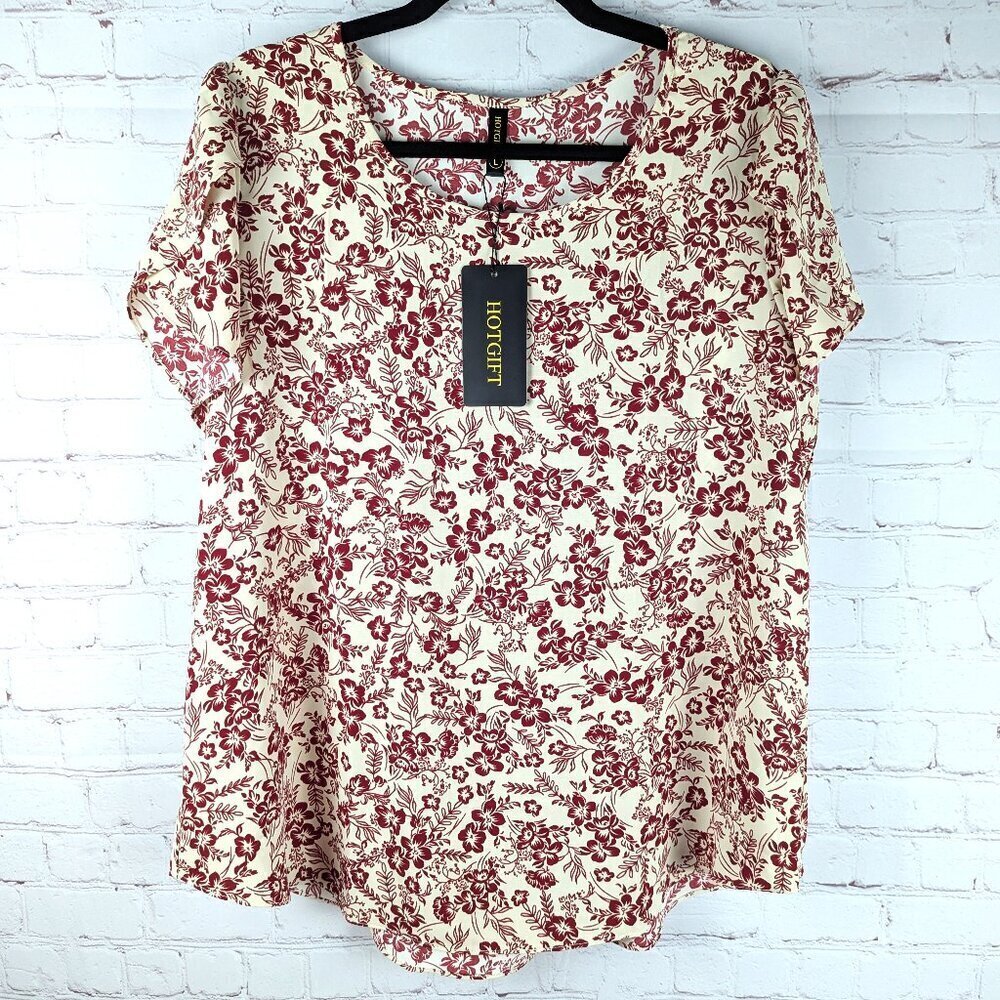 NEW Hotgift Red/Cream Floral Blouse - Large